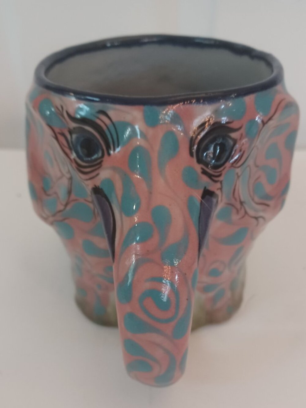 Vintage Ceramic Elephant Mug 3D Trunk Handle Pink Teal Blue Talavera Style Mug